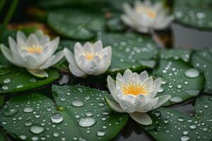 White water lilies blooming on a pond with rain drops on lily pads photo
