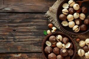 Macadamia nuts displayed on rustic wooden bowls creating a delightful culinary scene photo