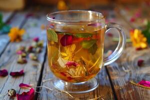 Herbal tea brewing with various flowers and herbs in glass cup on rustic wooden table photo