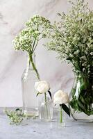 The image showcases a still life with a beautiful display of white and green flowers, complemented by a simple white teacup and saucer photo