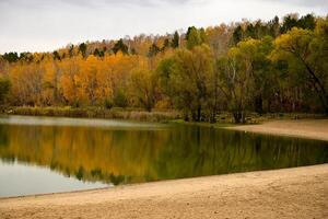 Autumn forest on a small island. Reflection of orange and green trees in the lake. photo