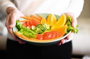 Salad preparation on a wonderful day Top view of fresh fruits and vegetables. Concept of health care. Balanced diet. photo