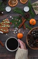 Greeting card, the theme of the winter Christmas holiday. Flat surface photo