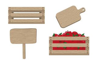 Collection of wooden objects box with red apple, cutting plate and sign board vector