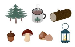 Forest themed camping object colletion of tree trunk mushroom chestnut acorn hot chocolate camping lamp vector