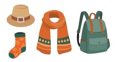 Collection of Autumn clothing objects scarf, sock, backpack and hat vector