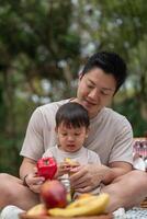 A caring Asian dad sits with his little son, gently talking to him while enjoying a picnic in a park photo