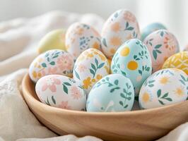 Vibrant close up of hand painted Easter eggs with floral patterns for spring decor photo