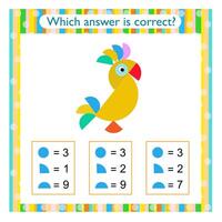 Math activity for kids. Need to find the correct answer illustration of cartoon parrot. vector
