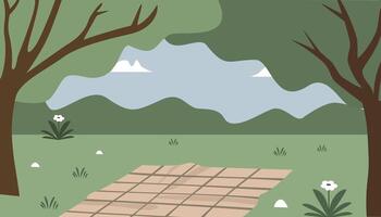 Picnic place. Picnic blanket. Picnic park. Open public space. Trees. Bushes. Spring season. Summertime. vector