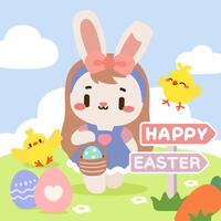 Cute Easter Bunny Girl with Basket and Happy Chicks. Adorable Bunny Collecting Easter Eggs in Spring Field. Happy Easter Illustration with Bunny, Chicks, and Colorful Eggs. vector