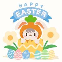 Adorable Easter Bunny in Carrot Costume with Colorful Eggs. Cute Easter Bunny Popping Out of an Egg with Festive Decorations. Happy Easter Illustration with Bunny, Flowers, and Painted Eggs. vector