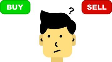 investment confusion character head with buy and sell labels, struggling with financial choices vector