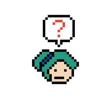 Face of 8 bit girl woman female face and question mark chat lady think question 8 bit pixel. vector