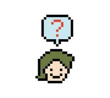 Smile of 8 bit boy man male face and wuestion mark chat think question 8 bit pixel. vector