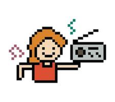 Man male boy listen to music with note dance exercise happy 8 bit cartoon. vector