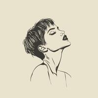 line art drawing of a woman with a pixie cut, sharp and precise black lines, minimalist flat design, on a white background vector