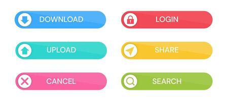 Set of colorful button with sign icon. Download, upload, cancel, login, share, search. Element button for web design vector