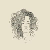 line art of a womans curly hairstyle, flowing natural curls, drawn with thin black lines, minimal and flat style, on a white background vector