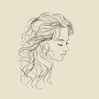 line art of a womans curly hairstyle, flowing natural curls, drawn with thin black lines, minimal and flat style, centered on a solid white background vector