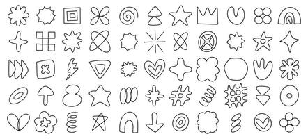 Set of hand drawn doodles in style of retro futuristic y2k brutalism elements. Postmodern groovy black contour outline design vector