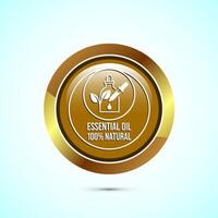 Essential oil icon design, 100 percent essential oil icon for product certificate tag, Gold color round button design vector