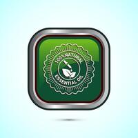 Essential oil icon design, 100 percent essential oil icon for product certificate tag, Green color square button design vector