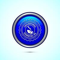 Essential oil icon design, 100 percent essential oil icon for product certificate tag, Blue color round button design vector