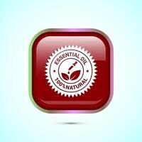 Essential oil icon design, 100 percent essential oil icon for product certificate tag, Red color square button design vector