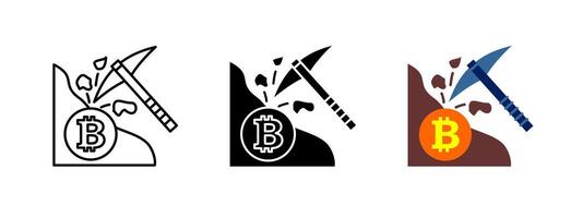 Bitcoin mining icon. Crypto mining . Cryptocurrency blockchain illustration. Finance currency miner with pick symbol. Money technology design. Digital network data graphic. vector