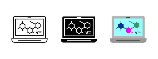 Laptop with chemistry formula icon. Science and education illustration. Technology and computer symbol. Laboratory research pictogram. Molecule study graphic. Online experiment design. vector