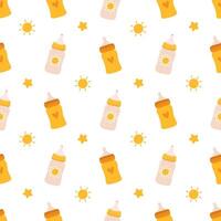 Seamless baby pattern for boys and girls with baby bottles. Charming print for infants in a playful style. Ideal for wrapping paper, textiles, nursery decor, baby shower designs. vector