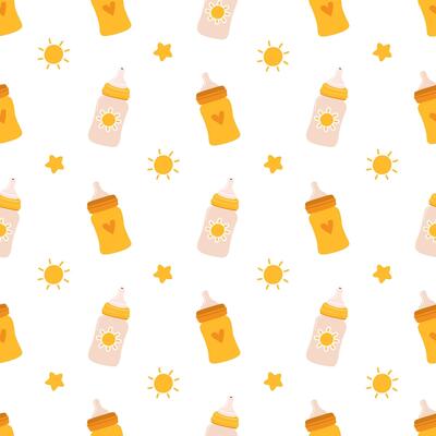 Seamless baby pattern for boys and girls with baby bottles. Charming print for infants in a playful style. Ideal for wrapping paper, textiles, nursery decor, baby shower designs.