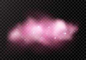 Magic pink cloud, smoke, fog, gas, smog with glitter, flare, stars, particles. Abstract texture with light effect. Isolated transparent airy element on dark background. vector