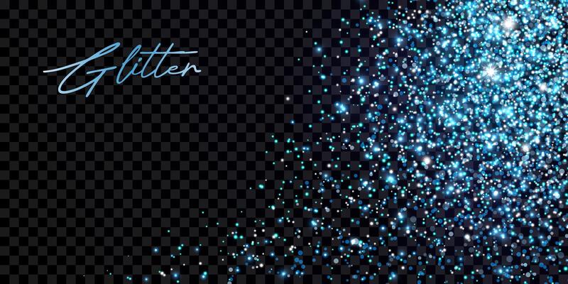 Blue glittering dust with light effect, stars, particles, grain. Isolated neon confetti. Abstract element, spray, sand for festive and luxurious designs, celebration backgrounds.