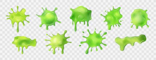 Liquid neon green slime blots set. Slimy stains with dripping drops in various shapes. Sticky, oozing mucus textures. Isolated abstract elements. Clip arts. vector