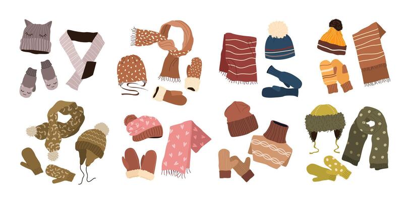 Set of winter scarves, hats, and gloves. Woolen, knitted, and cotton accessories for men, women, and children. Various cozy garments for cold weather. Isolated flat illustrations on white.