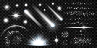 Glowing silver elements with light effect, flares, sparkles. Set of isolated meteors, comets, sun rays, glitter, strokes, lines, stars, glitter for birthday and New Year designs. vector