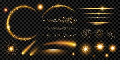 Glowing golden transparent elements with light effect, flares, sparkles. Set of isolated meteors, comets, sun rays, glitter, strokes, lines, round frame, stars for birthday and New Year designs. vector