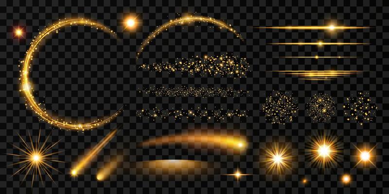Glowing golden transparent elements with light effect, flares, sparkles. Set of isolated meteors, comets, sun rays, glitter, strokes, lines, round frame, stars for birthday and New Year designs.