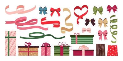 Collection of various patterned gift boxes, bags, ribbons and bows. Isolated colorful elements on white background. Bundle of different flat illustrations for festive designs. vector