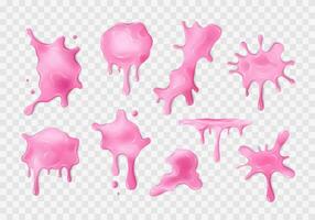 Liquid pink slime blots set. Realistic slimy stains with drops. Different shapes of sticky dripping toxic mucus. Isolated abstract textures. Alien splashes, jelly, gelatin. Clip arts. vector