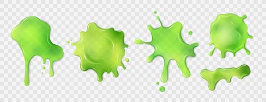 Liquid neon green slime blots set. Slimy stains with drops. Different shapes of sticky dripping mucus. Isolated abstract textures. Toxic alien splashes, jelly, gelatin. vector