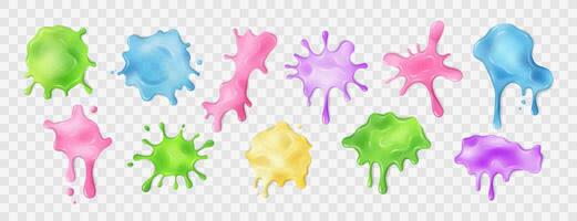 Liquid multicolored slime blots set. Realistic slimy stains with dripping drops. Various shapes of sticky, toxic mucus. Isolated abstract textures. Transparent alien splashes, jelly, gelatin. vector