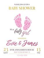 Invitation card for baby shower or birthday party. It's a Girl. Simple postcard template with footprints, pink glitter and text on white background. Vertical festive card. vector
