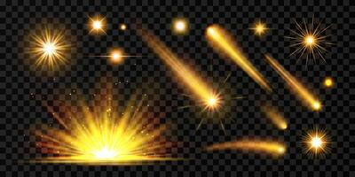 Set of bright sunlight, stars, burst, flares, glares, sparkles, comets, laser, meteors with gold light. Isolated golden effects. Abstract design elements on dark background. vector