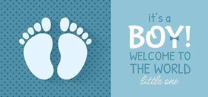 Simple invitation card or flyer for a baby shower, birthday, or gender reveal party. It's a Boy. Isolated horizontal template with footprints and text on blue background. vector