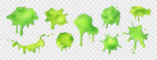 Liquid neon green slime blots set. Transparent slimy stains with dripping drops in various shapes. Sticky, oozing mucus textures. Isolated abstract elements for Halloween designs. Clip art. vector
