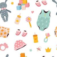 Seamless baby pattern for girls with essentials and toys. Charming print for infants in a playful style. Ideal for wrapping paper, textiles, nursery decor, and baby shower designs. vector