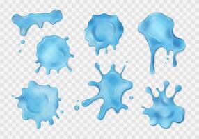 Liquid neon blue slime blots set. Slimy stains with drops. Different shapes of sticky dripping mucus. Isolated abstract textures. Toxic alien splashes, jelly, gelatin. Elements. vector